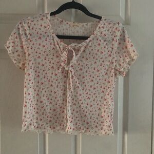 Pinc White Short Sleeve Tie-Front Top with Pink Floral Print-Medium